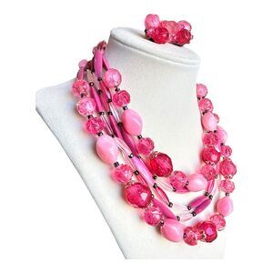 Vintage Signed West Germany Necklace & Clip Earrings Pink Lucite Beads Crystals